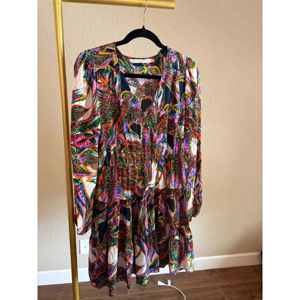 Marie Oliver Silk Mini Dress S Abstract Tiered Luxury Size S Art to Wear Resort